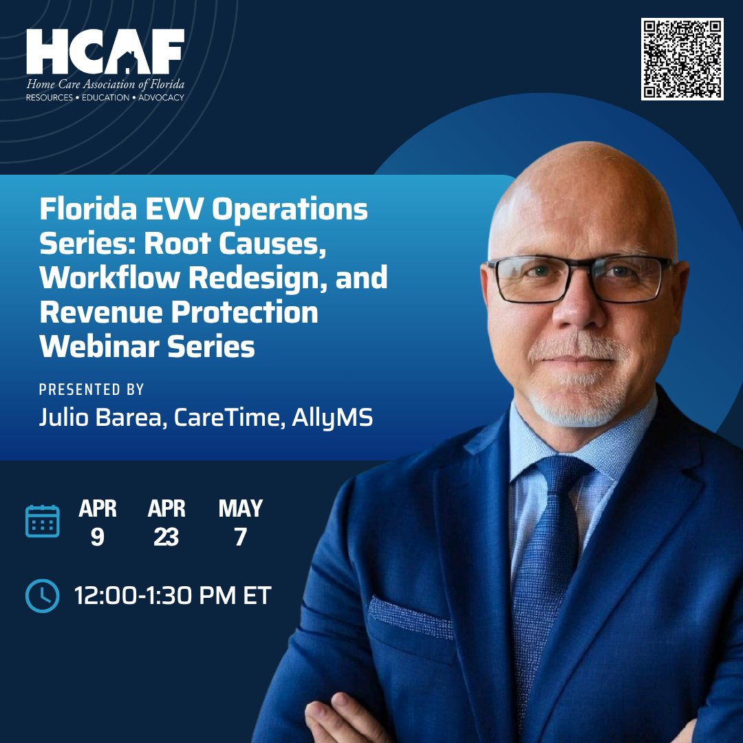 HomeCareFLA's tweet image. TOMORROW! Florida EVV Operations Series Part 2 with Julio Barea of LivTech In-Home Care Division hcaf.tiny.us/2026EVV

#hcaf #homehealth #homecare #healthcare #webinarseries #Florida #EVV