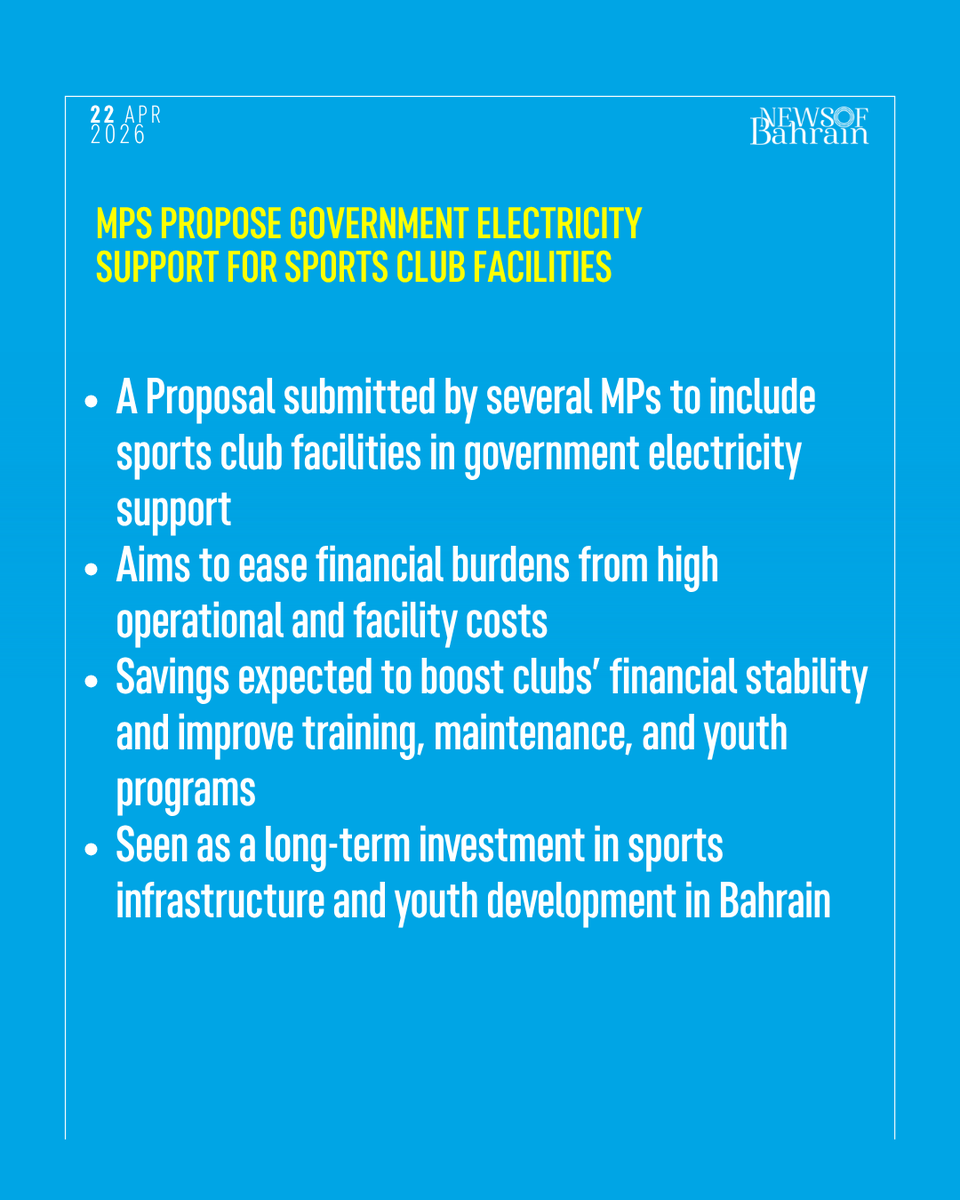 newsofbahrain's tweet image. Bahraini MPs have submitted a proposal to extend government electricity subsidies to sports club facilities, aiming to reduce operational costs and strengthen the development of the sports sector. #NewsofBahrain #news #Bahrain #Manama