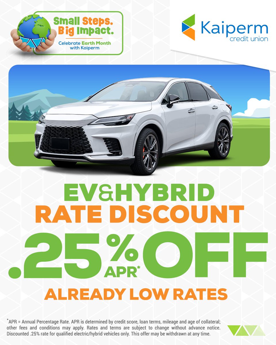 Make a Big Impact with this year's #EarthMonth celebration. At <a href="/KaipermFCU/">Kaiperm Credit Union</a>, we're dedicated to a sustainable future, and we’re making it easier for you to drive clean. Get an incredible discount on all new EV and Hybrid auto loans. 
👉 bit.ly/44oJoH8