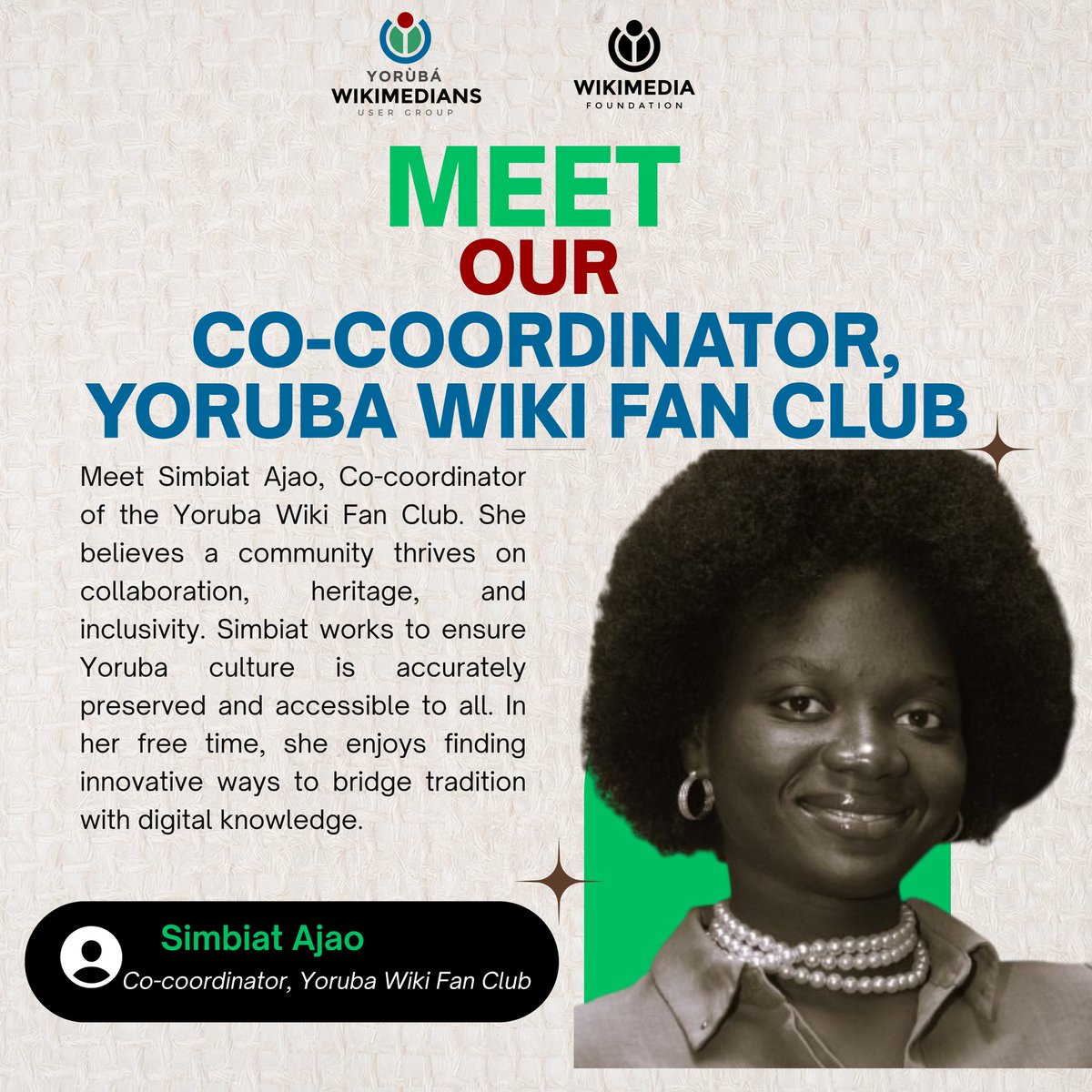 Wikimediayo's tweet image. Meet Simbiat Ajao, Co-coordinator of the Yoruba Wiki Fan Club. Simbiat is dedicated to bridging the gap between heritage and digital knowledge, ensuring our culture is accurately preserved and accessible to all. ✍️🌍
Show her some love! 🧡
#YorubaWikimedians #MeetTheTeam