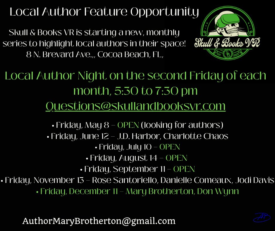 Central Florida/Space Coast Authors!
Skull &amp; Books VR is highlighting local authors on the second Friday of each month!

I will be there with Don Wynn on December 11th.

Email questions@skullandbooksvr.com for information and to register for one of the open nights!