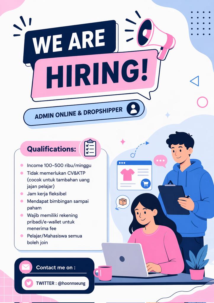hoonnseung's tweet image. OPEN FREELANCE 🌟

⋆୨୧ posisi: Admin Online &amp;amp; Dropshipper
⋆୨୧ income 100–500 ribu/minggu (depending on how active you are)
⋆୨୧ tanpa CV &amp;amp; KTP (pelajar boleh)
⋆୨୧ jam fleksibel + dibimbing
⋆୨୧ wajib punya rekening/e-wallet

#freelance #openloker #wfh #butuhuang #zonauang