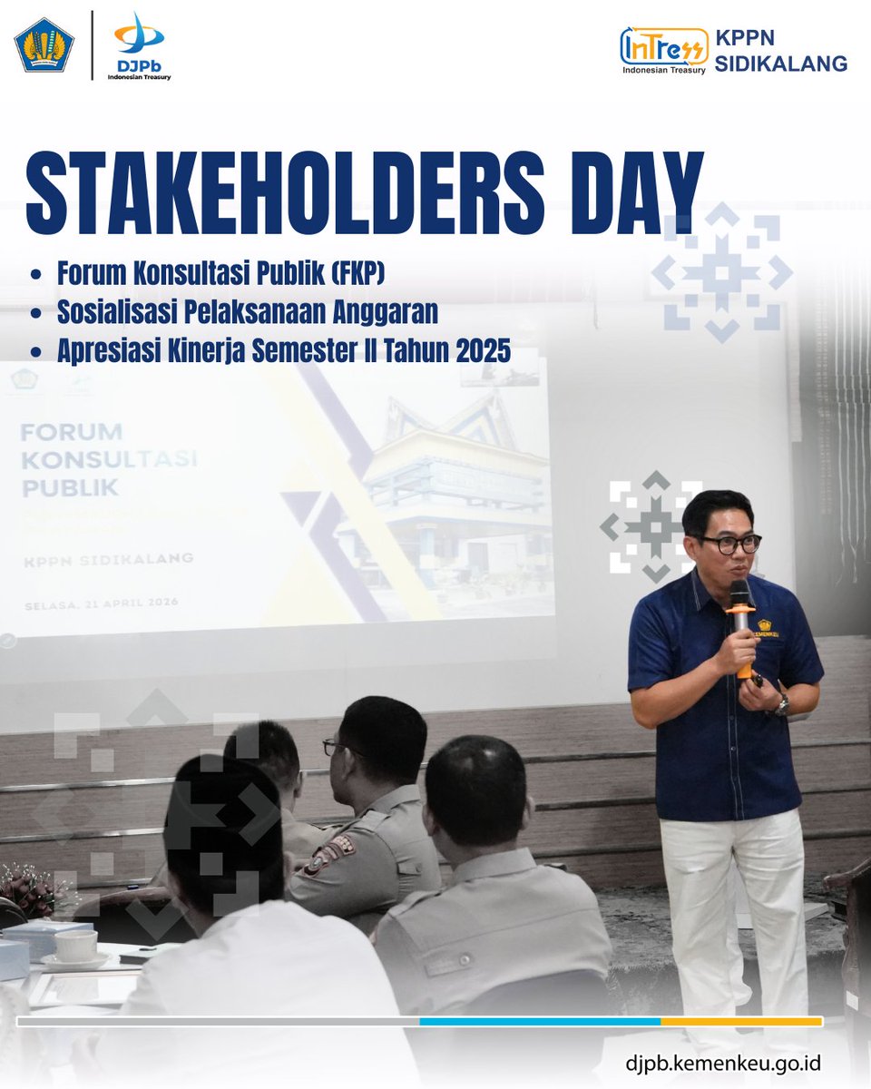 kppnsidikalang's tweet photo. Haloo Sobat #Intress
KPPN Sidikalang melaksanakan Stakeholders’ Day pada Selasa, 21 April 2026 secara hybrid. Rangkaian kegiatan yang dilaksanakan adalah Forum Komunikasi Publik (FKP), Sosialisasi Pelaksanaan Anggaran, dan Apresiasi kepada Satker Periode Semester II 2025. https://t.co/yvbGWGDyhZ