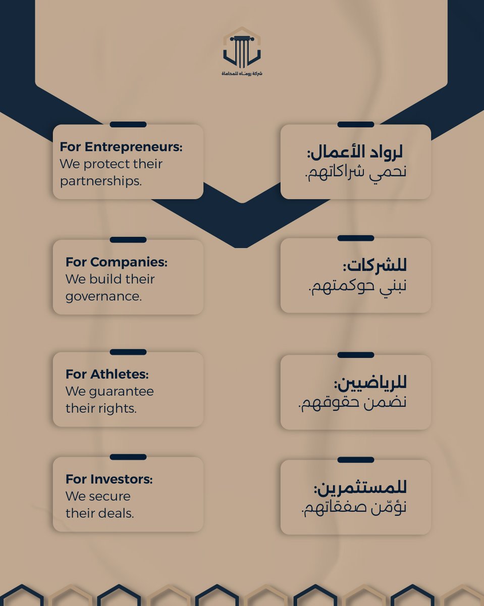 RumahLawFirm's tweet photo. رؤيتنا في "روماه" واضحة:
الحماية القانونية الاستباقية هي أساس النجاح الدائم.

من التأسيس إلى الاستثمار، نحن شريكك في كل خطوة. 

#روماة #قانون #رؤية_السعودية_2030 #وقاية https://t.co/B6zUaSxQM2