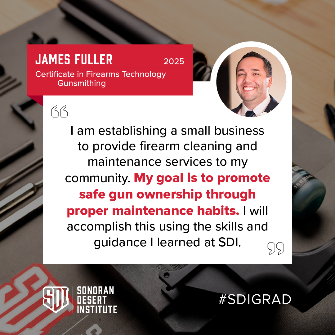 SDI_school's tweet image. Build something of your own. Put it to work.

James Fuller, 2025 graduate

Now he’s turning that skill into a service people actually need, right where he lives.

#SDIGrad #FirearmsTechnology #Tradesman #SkilledTrades #StudentSuccess #SonoranDesertInstitute