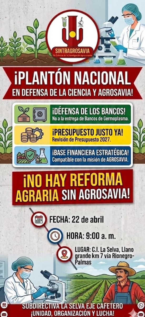 La producción agropecuaria está arrasada por las descomunales importaciones desde países que subsidian a sus productores y por las políticas internas de recorte a la inversión en investigación, infraestructura, crédito y el alza de los insumos y servicios.
Defendamos AGROSAVIA!