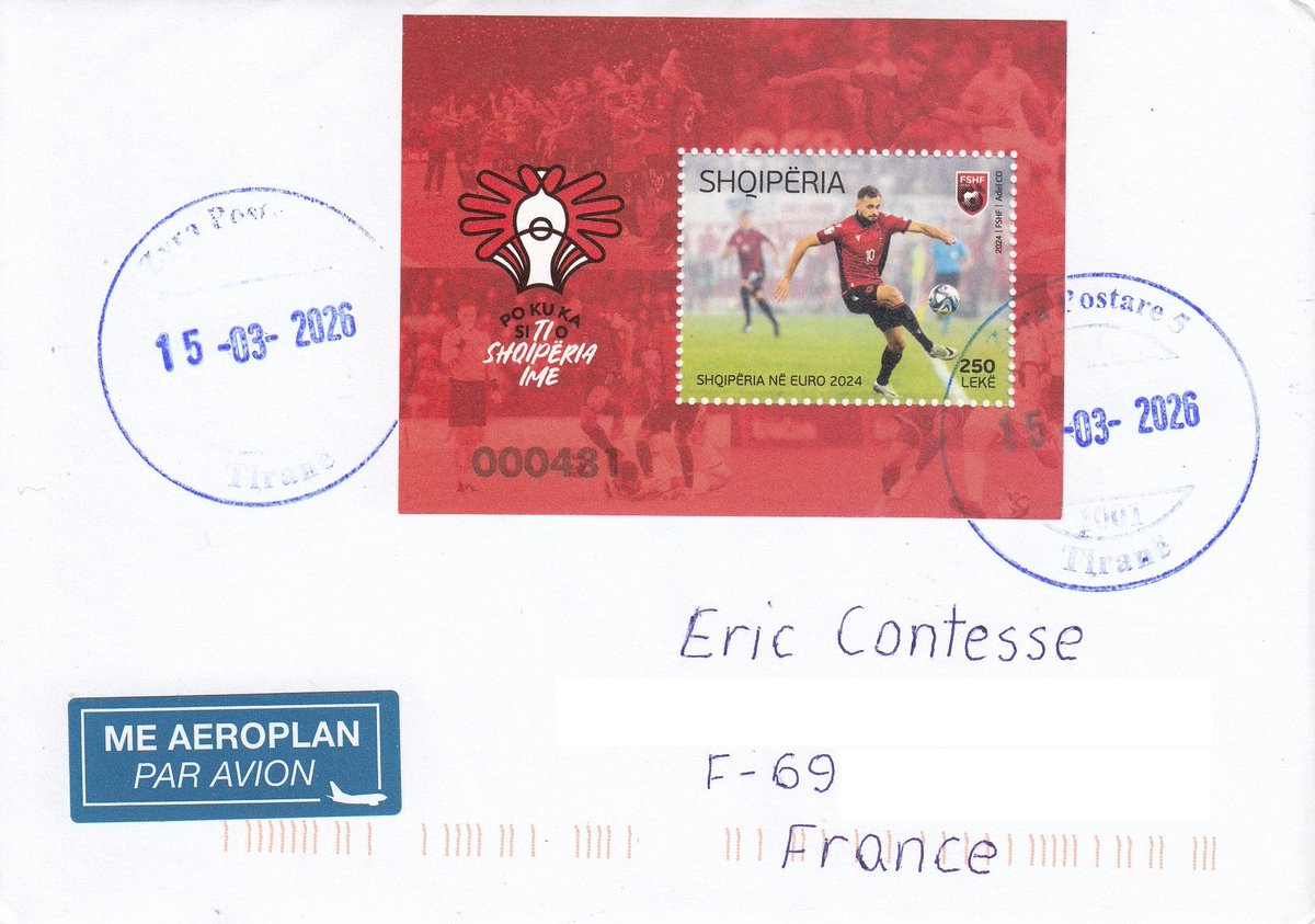 ericcontesse's tweet image. "Albania at #EURO2024" souvenir sheet and stamp set on covers from #Albania  timbredujura.blogspot.com/2026/04/albani…