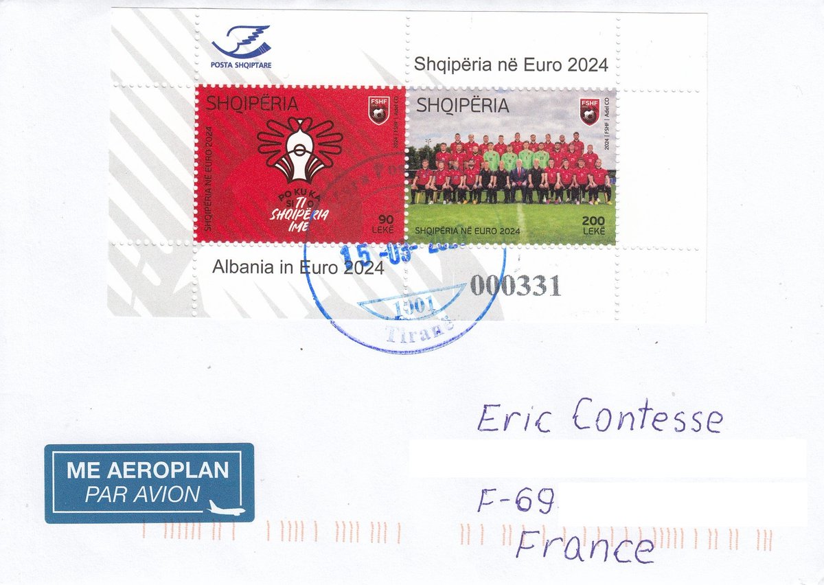 ericcontesse's tweet image. "Albania at #EURO2024" souvenir sheet and stamp set on covers from #Albania  timbredujura.blogspot.com/2026/04/albani…