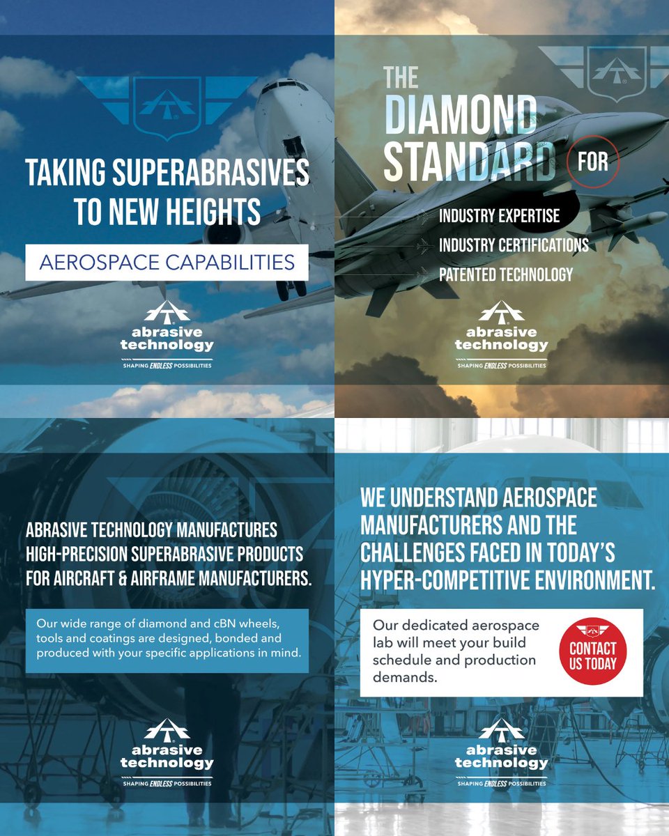 AbrasiveTech's tweet photo. In aerospace, precision isn’t optional—it’s critical.  From advanced materials to demanding tolerances, superabrasive solutions help keep production efficient, reliable, and ready for takeoff.  https://t.co/vM2YpAySad https://t.co/CAu3m47FLw