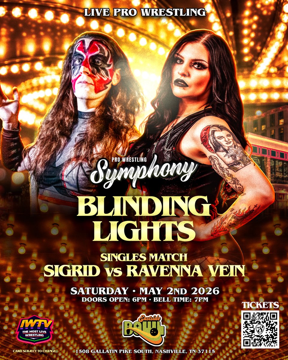 PWSymphonyLive's tweet photo. Card Update! Kaia McKenna will be unable to compete at Blinding Lights, so a new opponent for Sigrid has emerged... Ravenna Vein! @SigridScourge @ravennavein_
🤼♀️ Match Sponsorship Available
🎟 https://t.co/VRq6L8VnoI
📍 @eastsidebowl
📆 Saturday, May 2nd
🛎 7 p.m. https://t.co/HGUPx34qTc