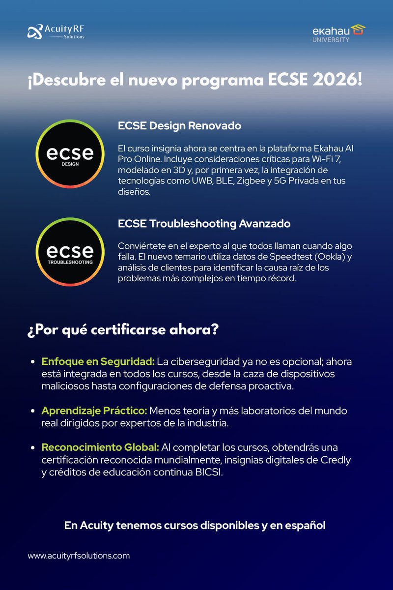 AcuityRF's tweet photo. @ekahau , ha reinventado completamente su programa ECSE (Ekahau Certified Solutions Engineer) para que no solo sigas el ritmo, sino que lideres el cambio.

¡Inscríbete hoy mismo y transforma tu carrera profesional! https://t.co/mWvSFIDfRE https://t.co/2ICeLclq0A