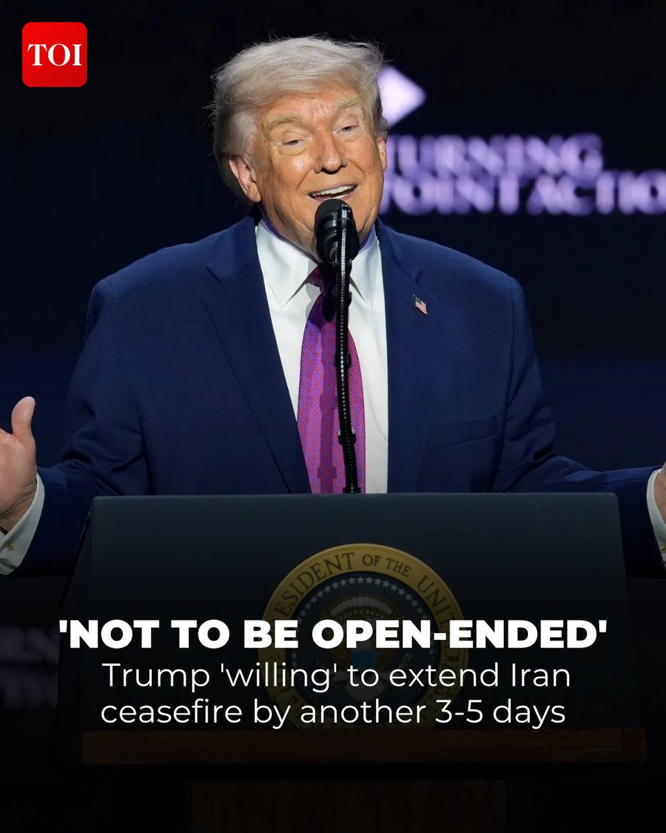 timesofindia's tweet image. US President Donald #Trump has not set a timeline for extension of Iran #ceasefire, reports IRNA citing source. This comes after reports that Trump was willing to grant Iran a short extension of the ongoing ceasefire—about three to five days—according to officials briefed on the