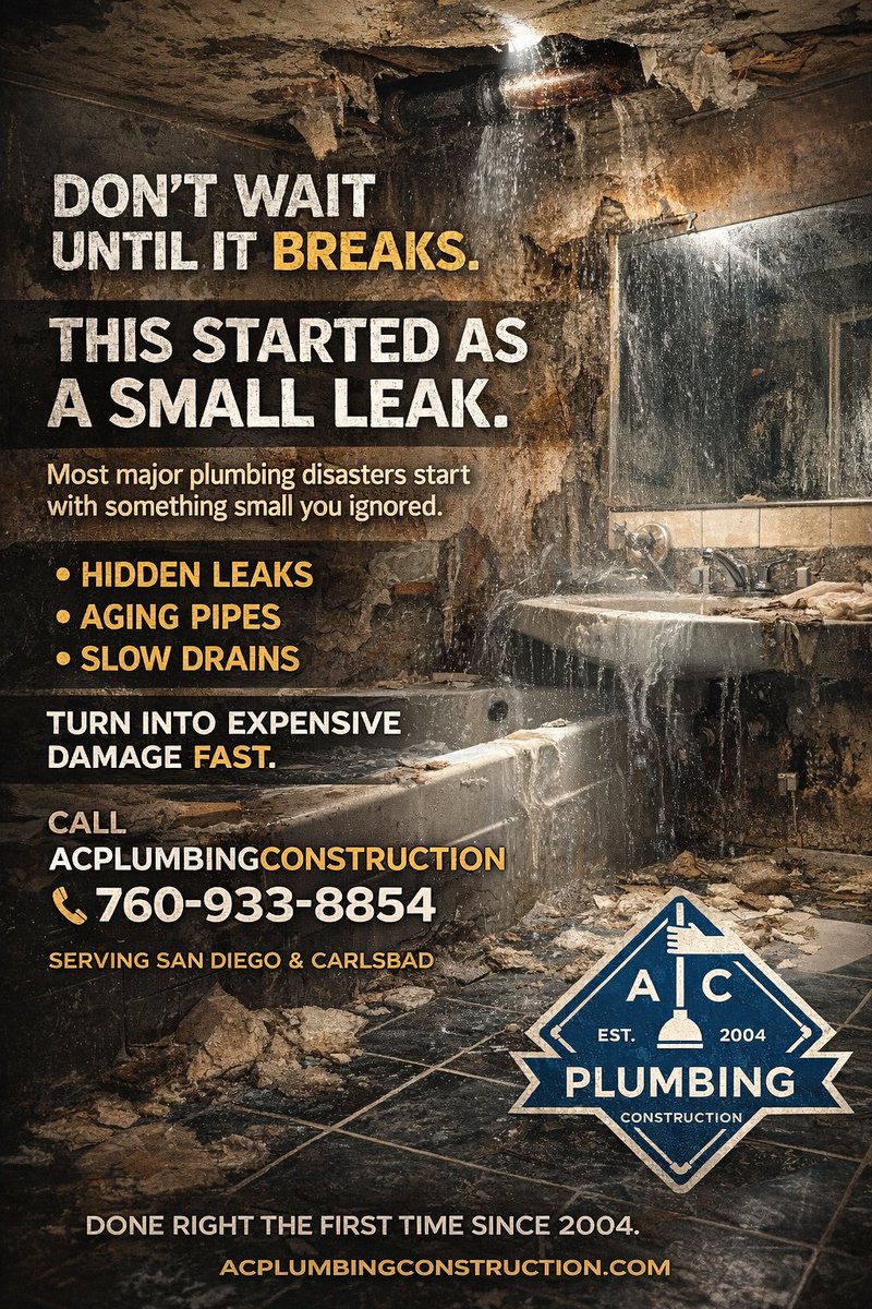 ACPlumbing4u's tweet image. Small leak today, major damage tomorrow

💧 Don’t wait—call your trusted Vista &amp;amp; Carlsbad plumber before it gets worse!

⚠️ Catch it early. Fix it fast. Save thousands.

📞  760-933-8854

#plumber #CarlsbadPlumber #VistaPlumber #Leakdetection