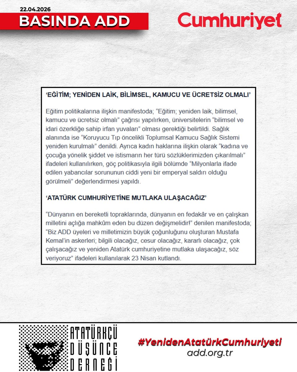 add_genelmerkez's tweet photo. Atatürkçü Düşünce Derneği olarak; demokratik kitle örgütlerimiz ve siyaset kurumumuzun da dikkate alması dileğiyle milletimize seslenerek ilkini 23 Nisan 2022’de, ikincisini 23 Nisan 2023'de, üçüncüsünü ise son gelişmeler bağlamında bu yıl tekrar yayınladığımız “Yeniden Atatürk Cumhuriyeti Manifestosu”, https://t.co/suAbP09pOg'de. #BasındaADD #YenidenAtatürkCumhuriyeti #ATATÜRKTEBİRLEŞMEZAMANI