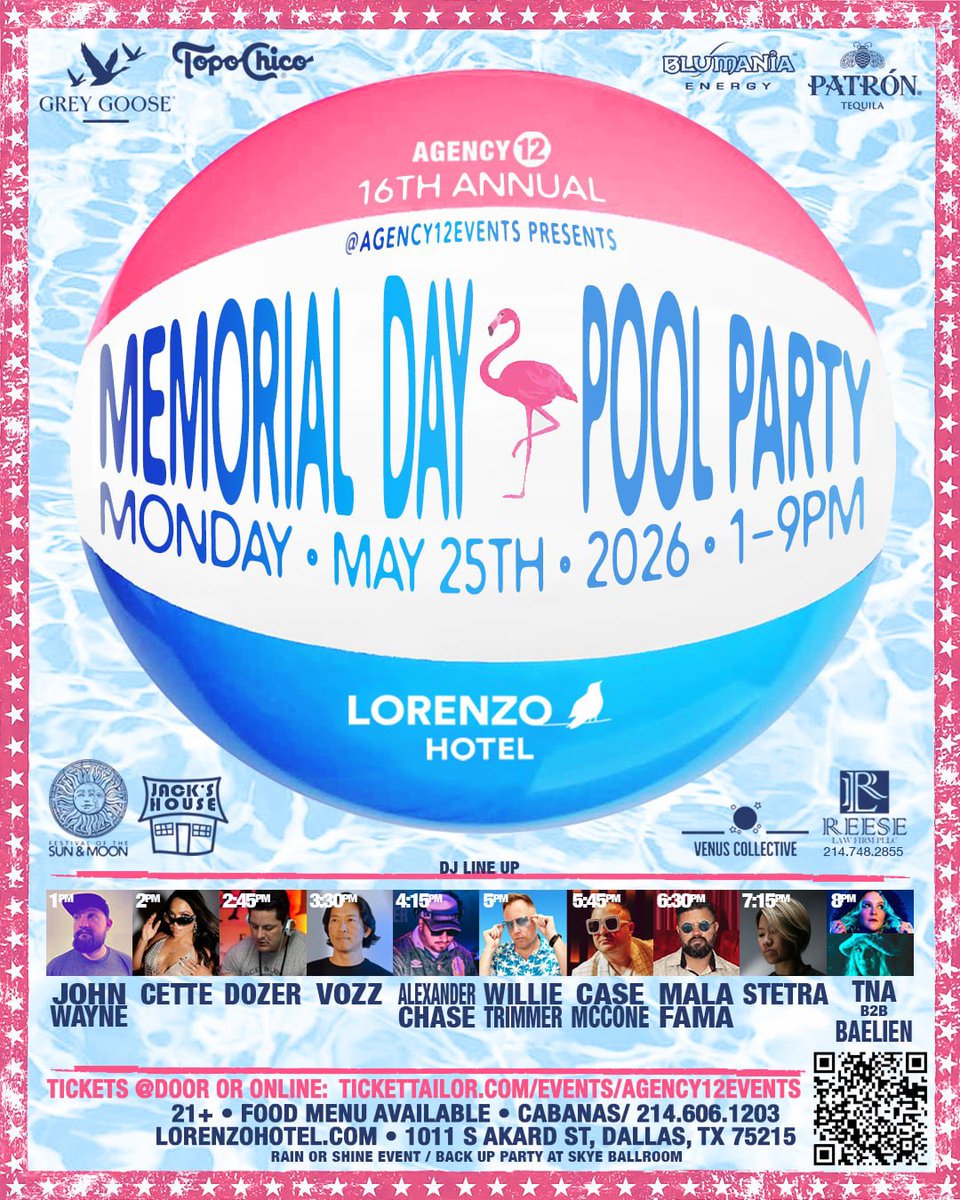 MJOFDALLAS's tweet photo. Mark your calendars: MONDAY MAY 25th 2026 1PM-9PM @LorenzoHotelDl 16th Annual “MEMORIAL DAY” pool party 100% House Music hosted by @djwillietrimmer and friends. Discounted Ticket and Room QR Codes on the flyers. Additional Info and Cabana # 214.606.1203 https://t.co/WgLgj5psTW