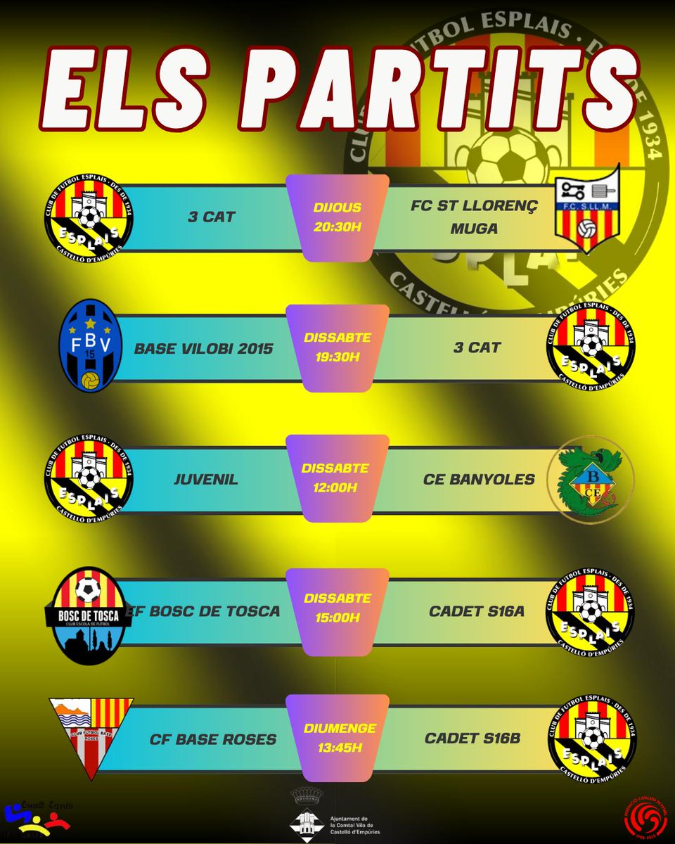 cf_esplais's tweet photo. 🔊 𝐏𝐀𝐑𝐓𝐈𝐓𝐒 𝐃𝐄𝐋 𝐂𝐀𝐏 𝐃𝐄 𝐒𝐄𝐓𝐌𝐀𝐍𝐀!! 💛🖤

▪️Partits de F11 i F7 del nostre Futbol Base per aquest proper Cap de Setmana, 25/26 d'Abril. 💪⚽️

𝐒𝐎𝐌-𝐇𝐈!! 💛🖤

@cf_esplais 
#futbolbase
#esplaisescastello
#esplaisespoble
#castellodempuries
#empuriabrava https://t.co/lF50pCzxuG