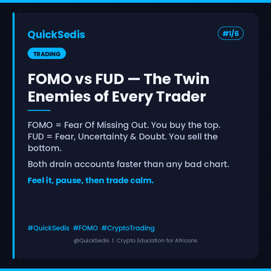 QuickSedis's tweet image. FOMO = Fear Of Missing Out → you buy the top. 

FUD = Fear, Uncertainty &amp;amp; Doubt → you sell the bottom.

Both drain accounts faster than any bad chart.
Your trading plan &amp;gt; your feelings. Every time.
#QuickSedis #FOMO #CryptoTrading #Africa