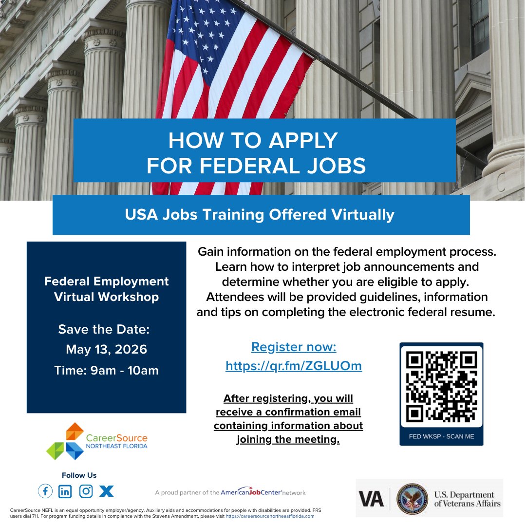 CareerSourceNEF's tweet image. 🚀 Want a federal job?
Register now for our upcoming virtual workshop &amp;amp; learn:
✔️ How the federal hiring process works
✔️ How to navigate USAJOBS
Register today!
📅 May 13, 2026 at 9:00 am - 10:00 am
Register: qr.fm/ZGLUOm 
#jobseekers #veterans