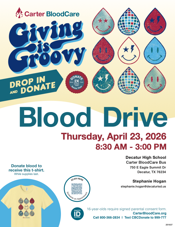 Decatur_MMS's tweet photo. Reminder, tomorrow is the DHS blood drive.  Help the high school students meet their goal of 75 units of blood successfully donated!  
https://t.co/M98QSS68po https://t.co/NJ3U9Ltf80
