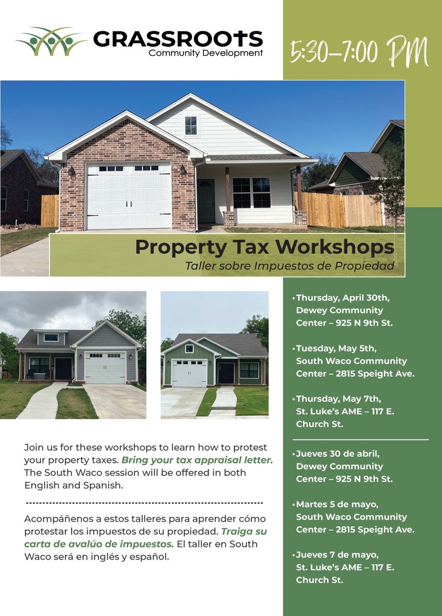 NWWaco's tweet photo. McLennan County tax appraisal letters are arriving soon. Get help protesting your appraisal at free workshops from 5:30–7:00 PM on April 30, May 5 (English &amp; Spanish), and May 7. Bring your letter.
#WacoTX #PropertyTaxes #Homeownership #CommunityResources https://t.co/kohHynycx2