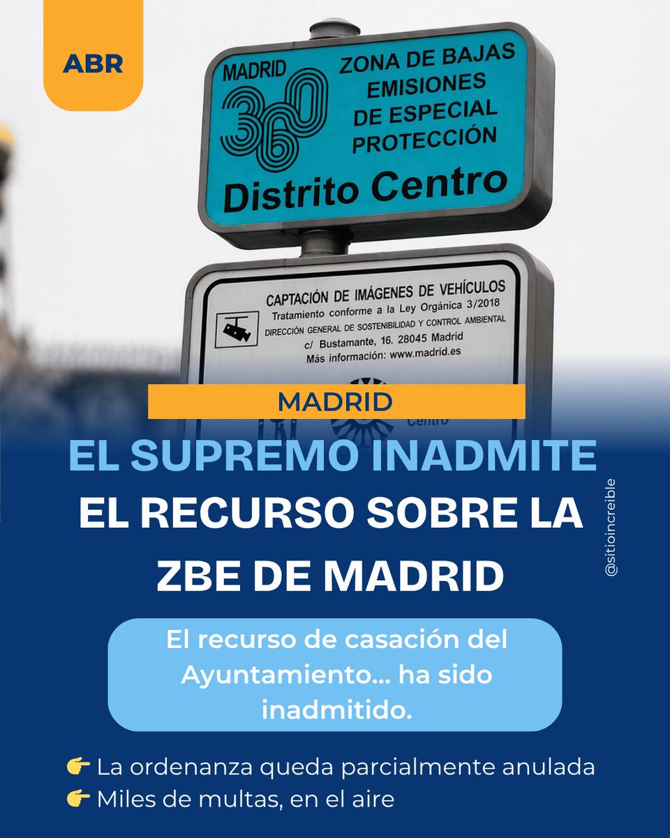 PyramidMultas's tweet photo. 🚨 La ZBE de Madrid vuelve a estar en el aire
El Supremo inadmite el recurso del Ayuntamiento
👉 Miles de multas entre 2021 y 2026, en el punto de mira
Pyramid Consulting ya logró una sentencia parcial favorable…
y aún falta lo más importante.
Esto no ha terminado.
#ZBE #Madrid https://t.co/rYsgXweUxI
