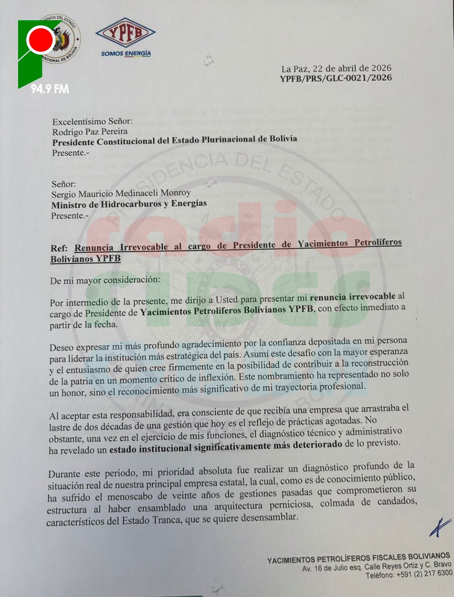 radiofidescb's tweet photo. 🔴#GrupoFides | #FidesCochabamba REPORTAN LA RENUNCIA IRREVOCABLE DE LA PRESIDENTE DE YPFB. Este miércoles se reportó la renuncia irrevocable de la presidenta de YPFB, Claudia Cronenbold, dirigida al presidente del Estado, Rodrigo Paz.
#noticias #noticiasfides #Bolivia https://t.co/CSi3do3Dmg