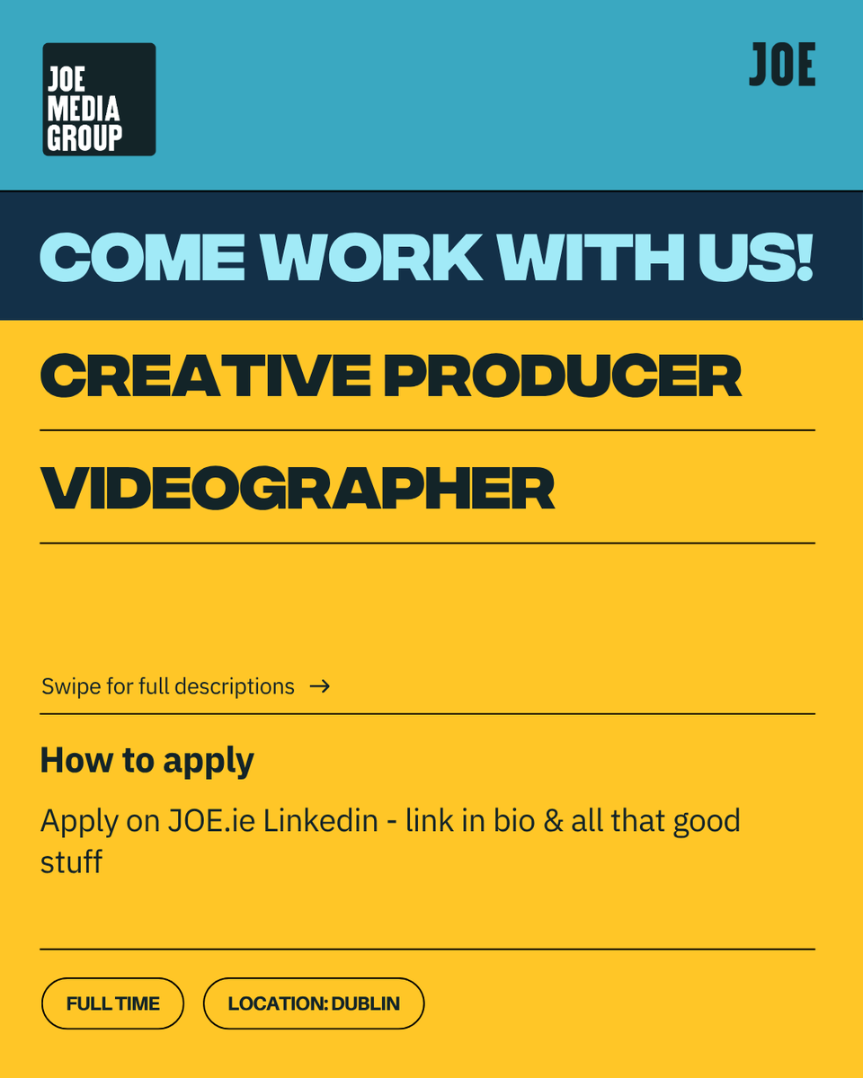 JOEdotie's tweet image. 🚨 Ayyyyup - WE’RE HIRING 🚨

Roles include:
- Creative Producer
- Videographer

You can read the full job specs on the JOE.ie Linkedin (link below)

#jobfairy #ireland #jobs #dublin #job 

linkedin.com/jobs/joe%2Eie-…