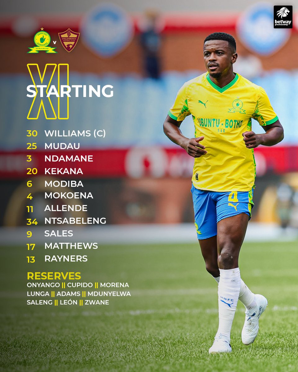 🚨𝙎𝙏𝘼𝙍𝙏𝙄𝙉𝙂 𝙓𝙄🚨

🆚 Stellenbosch FC 
⏰ 19H30
🏟 Loftus Versfeld
📺 SS 202

#Sundowns #BetwayPrem #AreyengMasandawana
