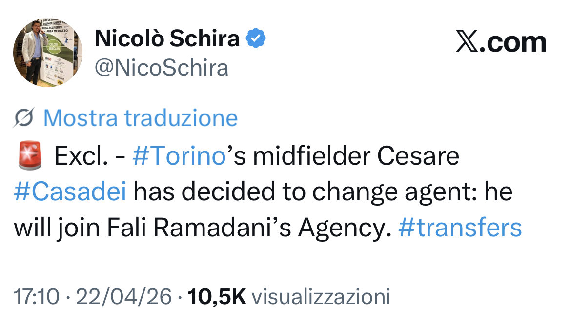 NicoSchira's tweet image. Now it’s official! #Torino’s midfielder Cesare #Casadei joins Fali Ramadani’s Agency (Lian Sports). No surprise here and confirmed! #transfers