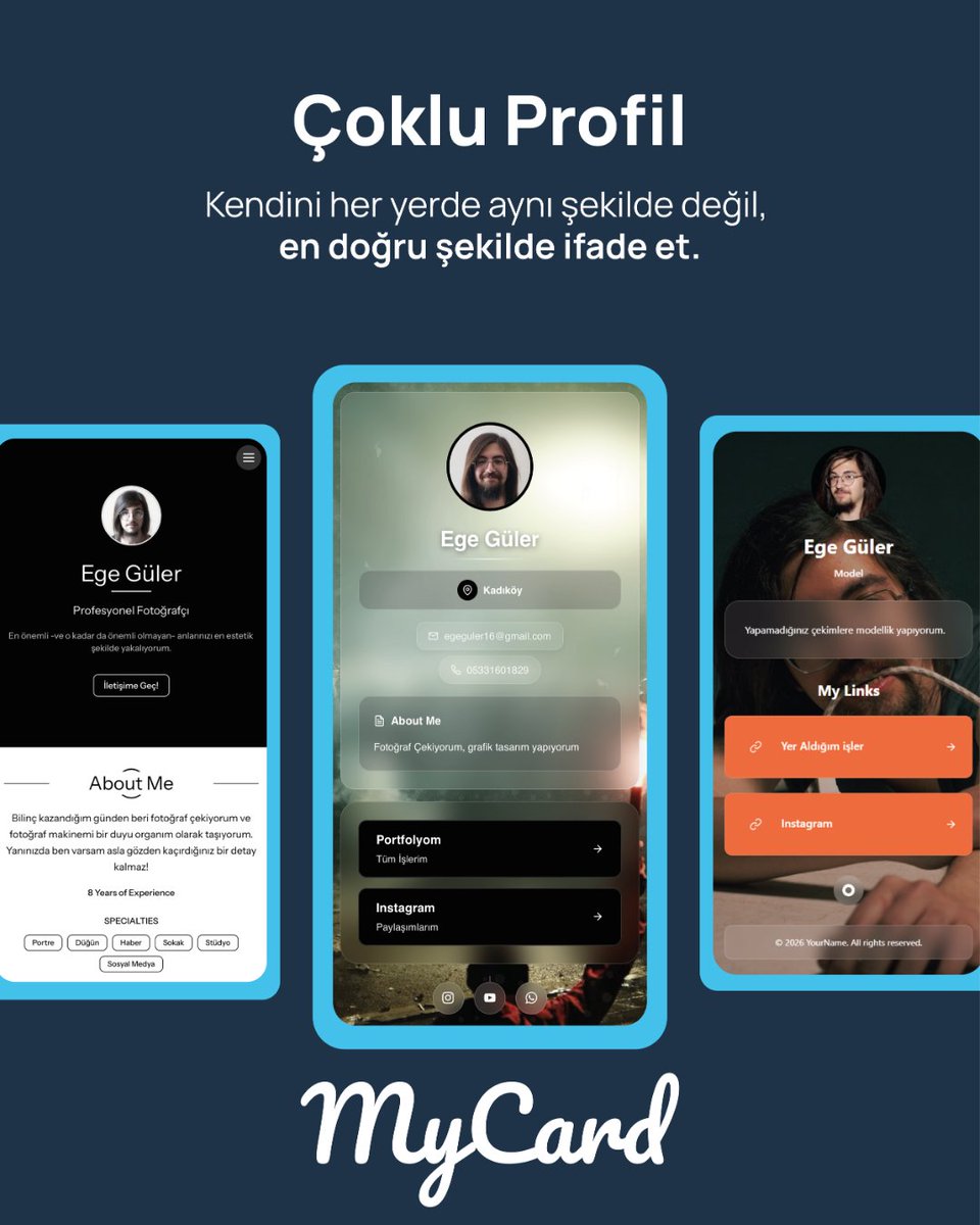 mycardpro's tweet photo. Tek profil yetmez.
MyCard’ın çoklu profil yapısıyla her ortamda kendinin en doğru halini göster.
#MyCard #CokluProfil #DijitalKimlik #KisiselMarka #Networking https://t.co/UK05CRfsWH