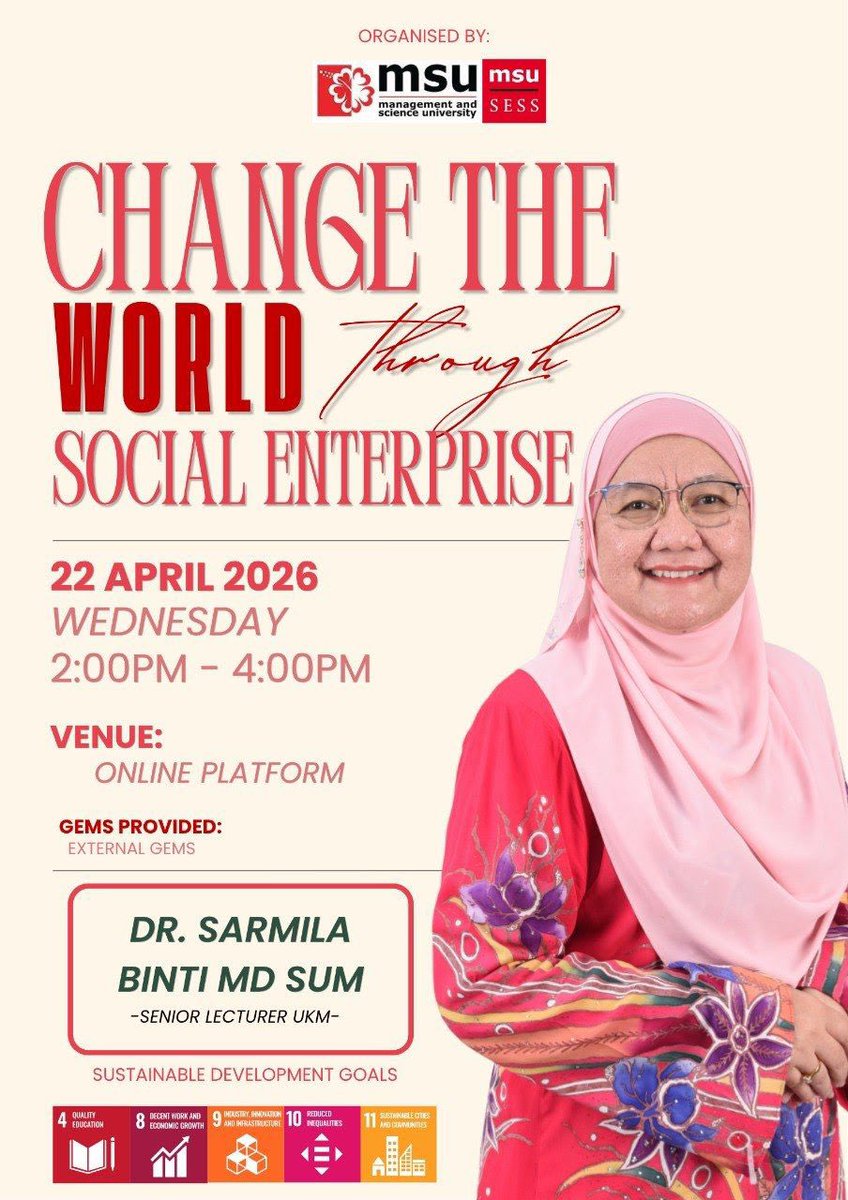 MsumalaysiaS's tweet image. Change the World Through #SocialEnterprise, an inspiring webinar by Dr. Sarmila Md Sum was successfully conducted today, led by the #SESS CUP4 team. aimed to raise awareness and spark interest in social enterprise among MSUrians while empowering ideas that create real impact.