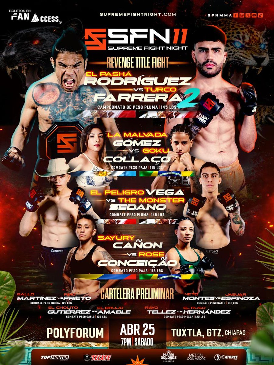 CuartoPoderMX's tweet image. 🚨FIGHT WEEK🚨

#SFN 11 llega con una cartelera imperdible😤🧨

¿Tuxtla están listos? 

📍 @polyforum_chiapas 

🕖 5:00 PM 

🎟️ No te quedes fuera, adquiere tu boleto en @boletosfanaccess 🔥