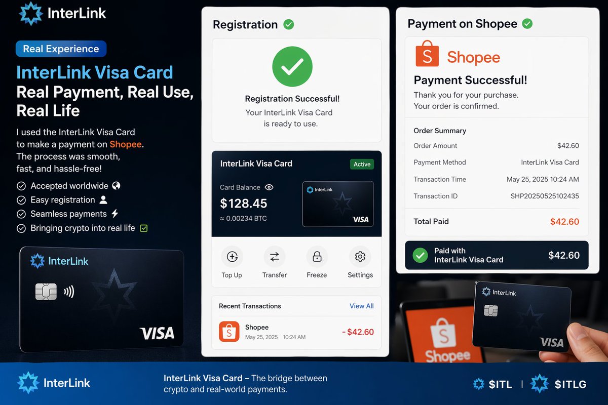 Venkat99857's tweet photo. InterLink has officially launched the InterLink Visa Card, marking a major step in bringing digital assets closer to real life, where value can be used, circulated, and integrated into everyday life.
#InterLink #ITLG #ITL https://t.co/qd8pPtA781