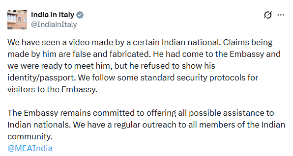 airnewsalerts's tweet photo. The Indian Embassy in Italy terms the claims being made by an Indian national in a video on social media as false and fabricated. 

@IndiainItaly https://t.co/a6xLNZHgDe