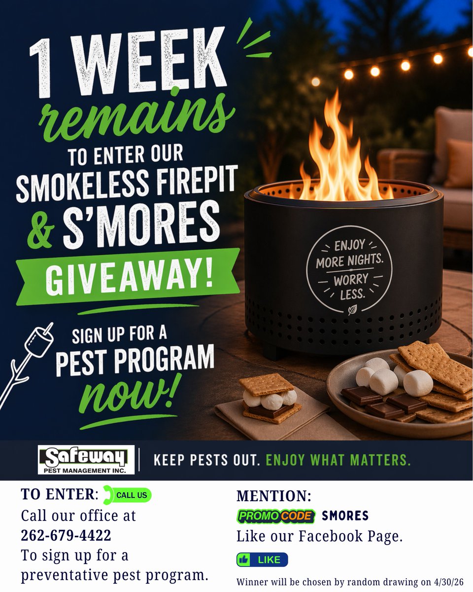 One week left until our giveaway! Enter now: 262-679-4422