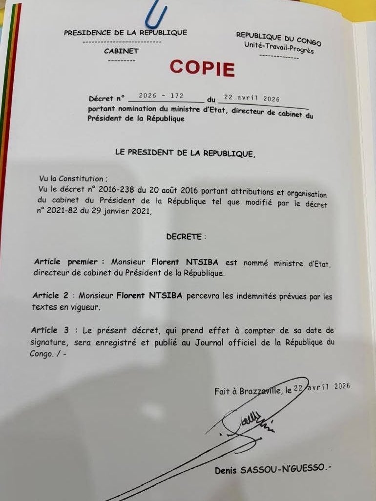ICIBrazza's tweet image. #URGENT. Florent Ntsiba, reconduit comme Directeur de cabinet de @SassouNGuesso_  #Congo