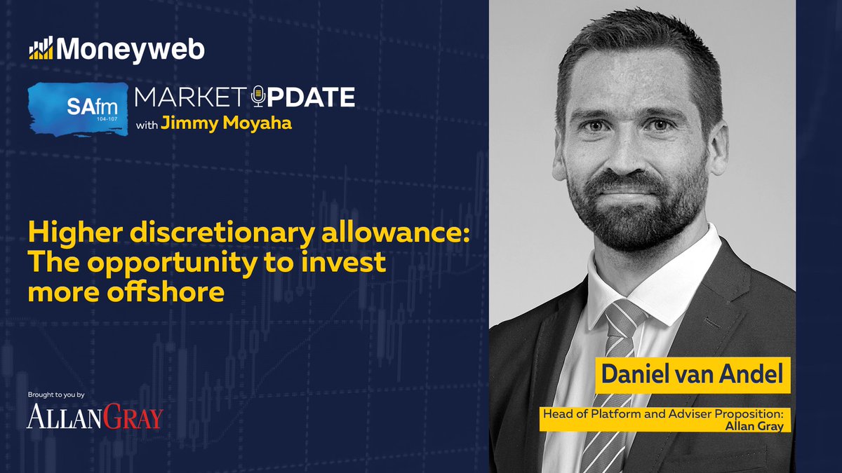 Moneyweb's tweet image. [COMING UP] Join the discussion as Daniel van Andel, Head of Platform and Adviser Proposition at Allan Gray, shares insights on 'Higher discretionary allowance: The opportunity to invest more offshore' on SAfm #MarketUpdate. Tune in from 6pm to 7pm.

#Moneyweb #AllanGray

Listen