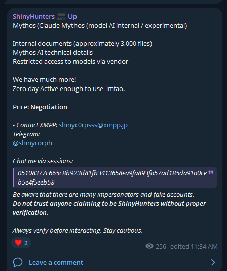 DiffeKey's tweet image. "ShinyHunters" is claiming to be selling access to Claude Mythos along with other internal documents

#cybernews #news