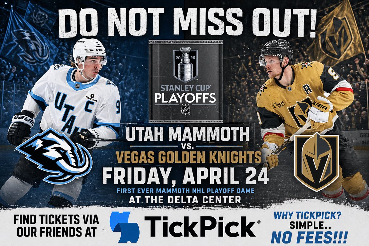JazzNationNews's tweet photo. 🚨 DO NOT MISS OUT - #UtahMammoth first #NHLPlayoff game at The Delta Center this Friday 🦣 🏒
Find tickets via our friends at @TickPick
#TickPick = NO FEES 🎉
🎁 $10 credit to use on tickets 👉 https://t.co/OIdxN1i67A
.
.
#TuskUp #NHL #VegasBorn
#VGK #VegasGoldenKnights https://t.co/lXp9TAEc3D