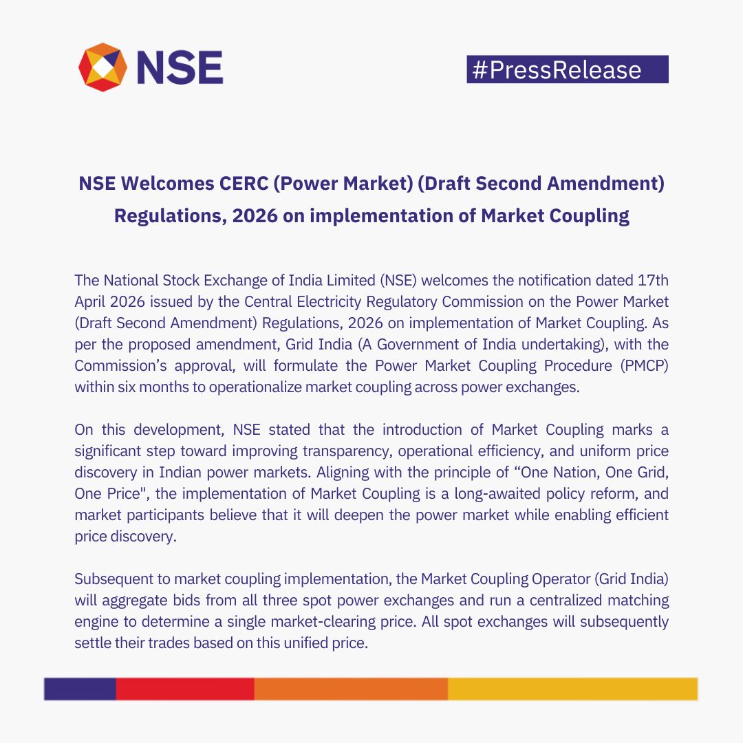 NSEIndia's tweet image. Press Release: NSE Welcomes CERC (Power Market) (Draft Second Amendment) Regulations, 2026 on implementation of Market Coupling.

Click here to read-nsearchives.nseindia.com/web/pressrelea…

#NSE #NSEIndia #PressRelease #CERC #PowerMarket #MarketCoupling @ashishchauhan