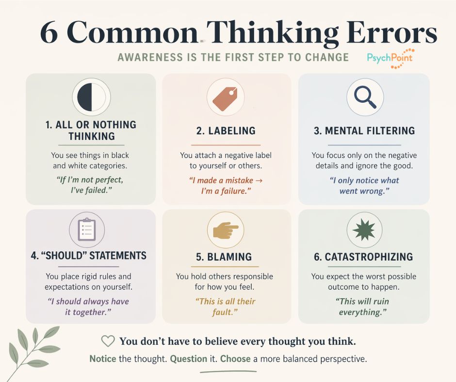 psychpoint's tweet photo. Our thoughts can quietly distort how we see ourselves and the world. Recognizing common thinking errors is the first step toward learning how to reframe them.
https://t.co/57ACUiUU7K
#CognitiveBehavioralTherapy #CBTTools #MentalHealthAwareness #CognitiveDistortions #TherapySkills https://t.co/ItQiNohqVM