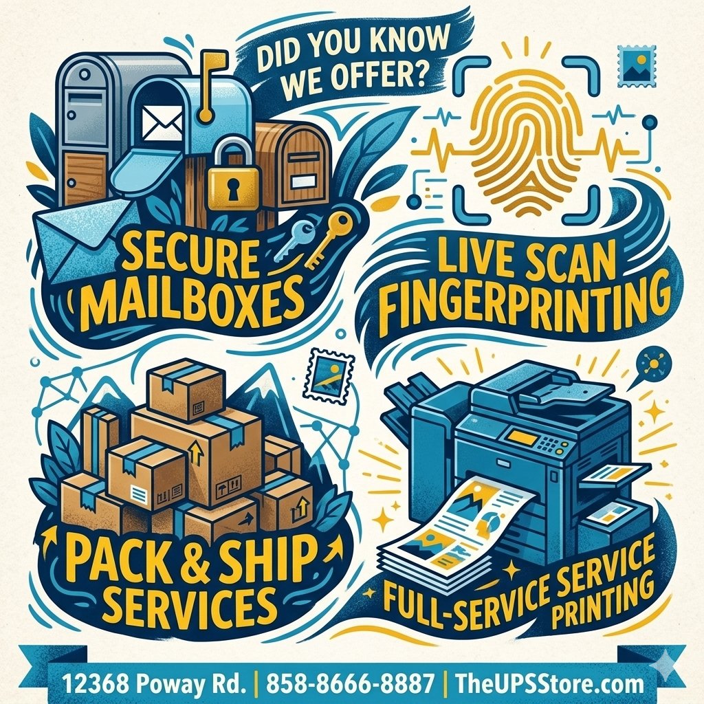 powayups's tweet image. Discover what we offer!

From secure mailboxes to live scan fingerprinting, pack &amp;amp; ship services, and full-service printing—we’ve got you covered! Visit us today to simplify your errands. 📦🔑

#SecureServices #ConvenienceMatters #PrintAndShip