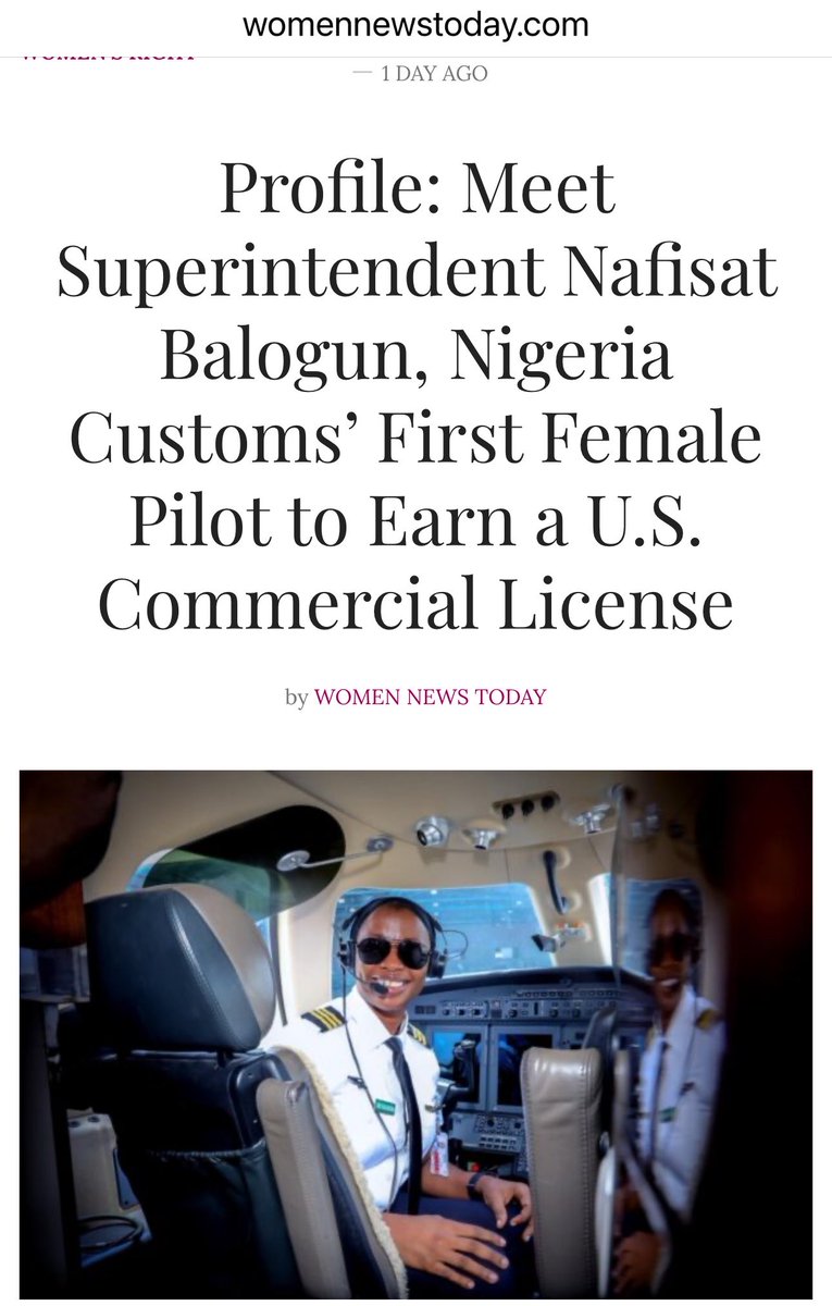 abiolaak's tweet photo. Superintendent Nafisat Balogun is charting a new course for women in Nigeria’s paramilitary and aviation sectors, following her historic achievement of earning a Commercial Multi-Engine Pilot Licence in the United States. Her feat makes her the first female pilot in the Nigeria Customs Service (NCS), a milestone that signals progress in a field long dominated by men.

Click here to read more 

https://t.co/CG7jkvirXt

@BigBadReni @SavvyRinu @faree_for_real