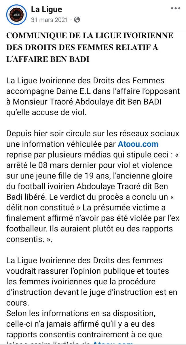 La ligue quoi !!! Les violeurs là, vous n'allez pas frapper ahoco pour calmer vos libidos là ? Si Ben Badi une légende du foot, membre du conseil économique et social n'a pas échappé, vous êtes qui pour y échapper ?