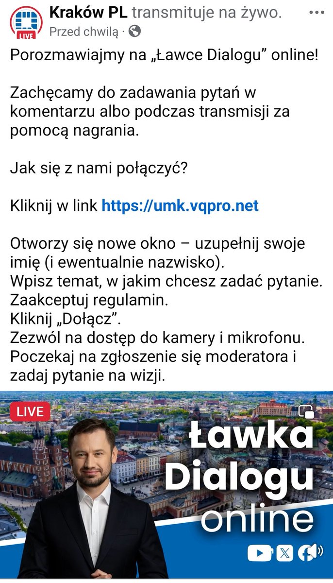 krakow_pl's tweet image. #Krakow #ŁawkaDialogu #online Oglądaj na żywo i zadawaj pytania prezydentowi Krakowa 
👇
facebook.com/share/v/1BA5ke…

@Miszalski_ @krakow_pl