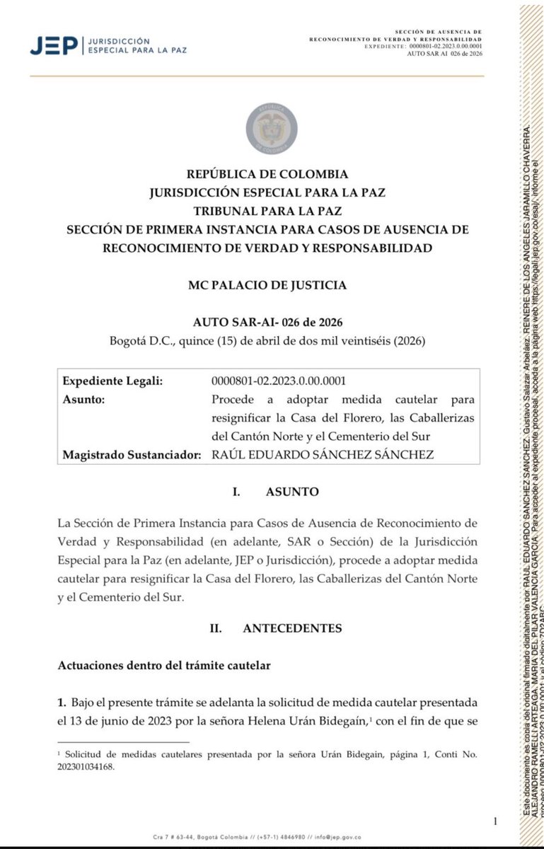 RadNalCo's tweet image. #Paz I La Jurisdicción Especial para la Paz (JEP) decretó medidas cautelares por un año para resignificar la Casa del Florero, el Cantón Norte y el Cementerio del Sur como espacios de memoria y dignidad.

 La decisión, impulsada por una solicitud de Helena Urán, busca transformar