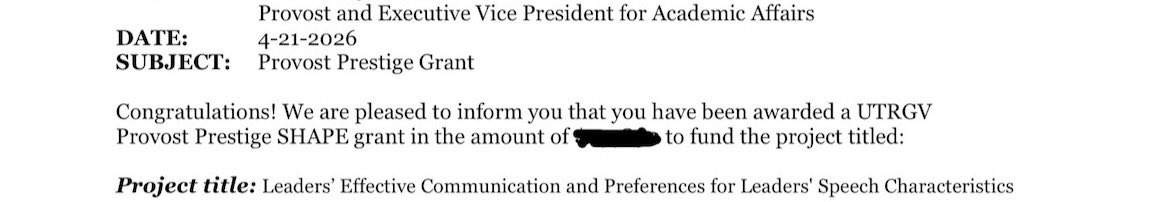 ElisaTP's tweet photo. Thankful to wrap the academic year with the news of being awarded one of the UTRGV's Provost Research &amp; Teaching Development Grants. This grant will support the continuance of my research agenda on accents. https://t.co/ajczEqCwPe