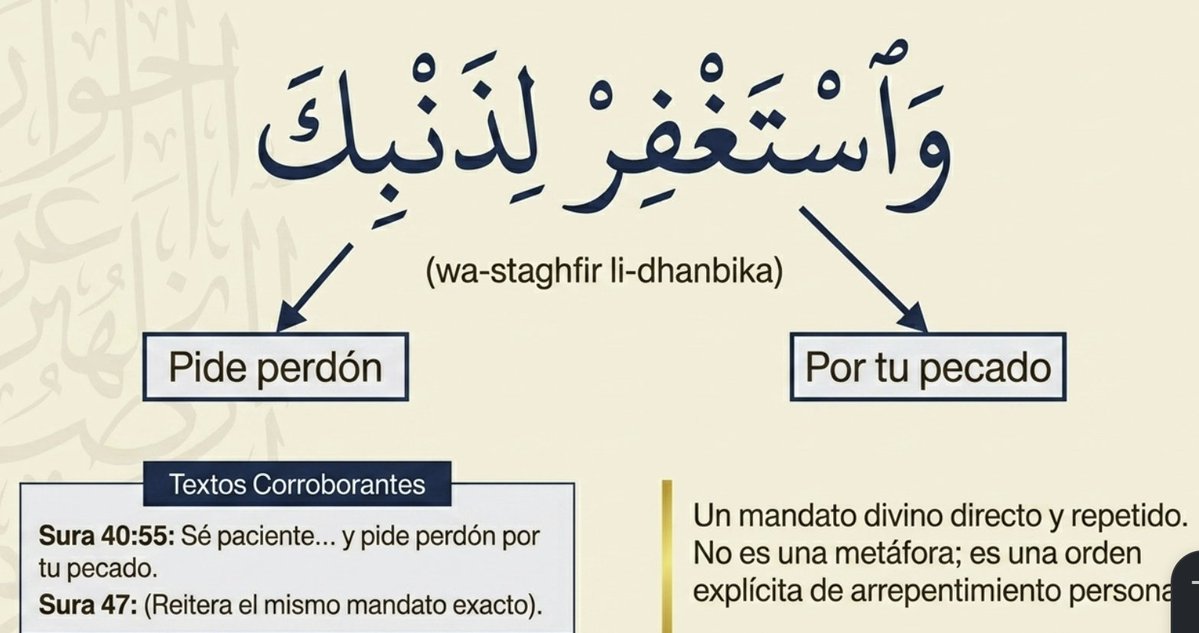 Pregaria's tweet image. 4/10 #Muhammad's #frown #ceño #arrufarlescelles Y Mahoma. El Corán le ordena en dos ocasiones distintas: وَاسْتَغْفِرْ لِذَنبِكَ wa-staghfir li-dhanbika — "¡pide perdón por tu pecado!" (Q. 40:55 y Q. 47:19) Dhanbika: tu pecado. Segunda persona del singular. Sin ambigüedad posible