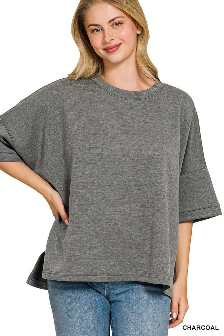 amomentofnow's tweet image. New top alert! Zenana Grey Scuba Round Neck Top with side slits. Plus-size with relaxed dolman sleeves and soft fabric for comfort. Dress up or casual—pair with trousers or denim. Try it! amomentofnow.com/products/zenan… #Fashion #Plus Size Fashion