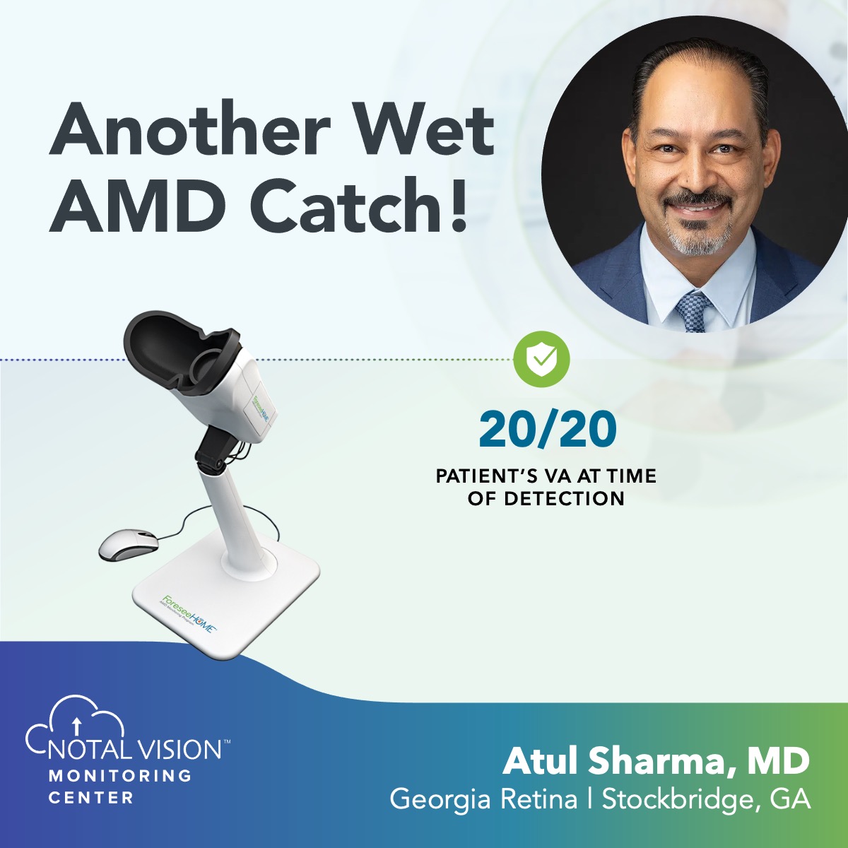 NotalVision's tweet photo. Congrats to Atul Sharma and the Georgia Retina team on a #ForeseeHome catch! Already wet in one eye, patient referred in Nov 2022 to monitor the fellow eye and remained a consistent tester. In Jan 2026, wet #AMD conversion was diagnosed after ForeseeHome alert at 20/20 vision. https://t.co/KR13bEf6yY